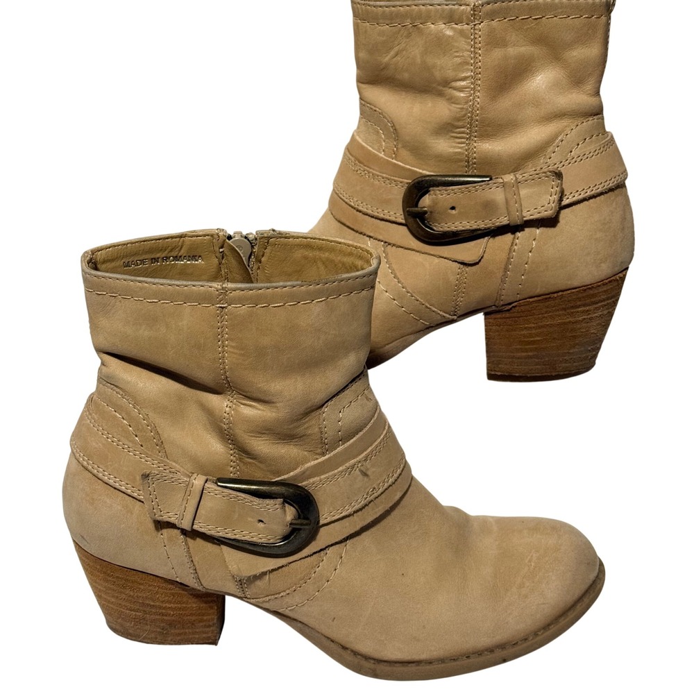 Eram Women's Ankle Boots EU 36 US 5.5 Beige‎ Leather Buckle Block Heel Y2K